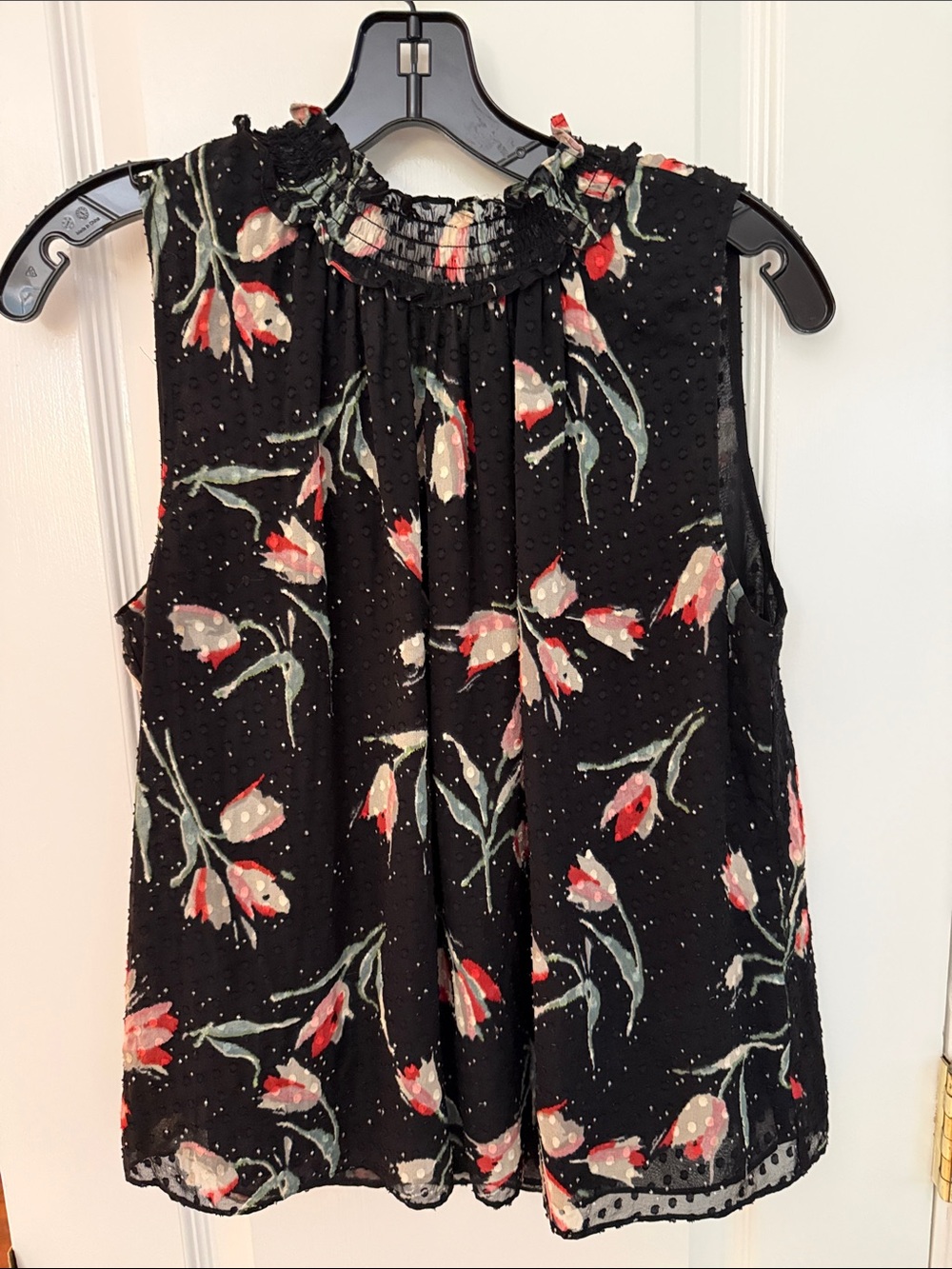 Rebecca Taylor Black Floral Sleeveless Smocked-Neck Top S